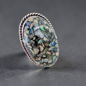 Ethiopian Opal Chip Inlay 925 Silver Plated Ring